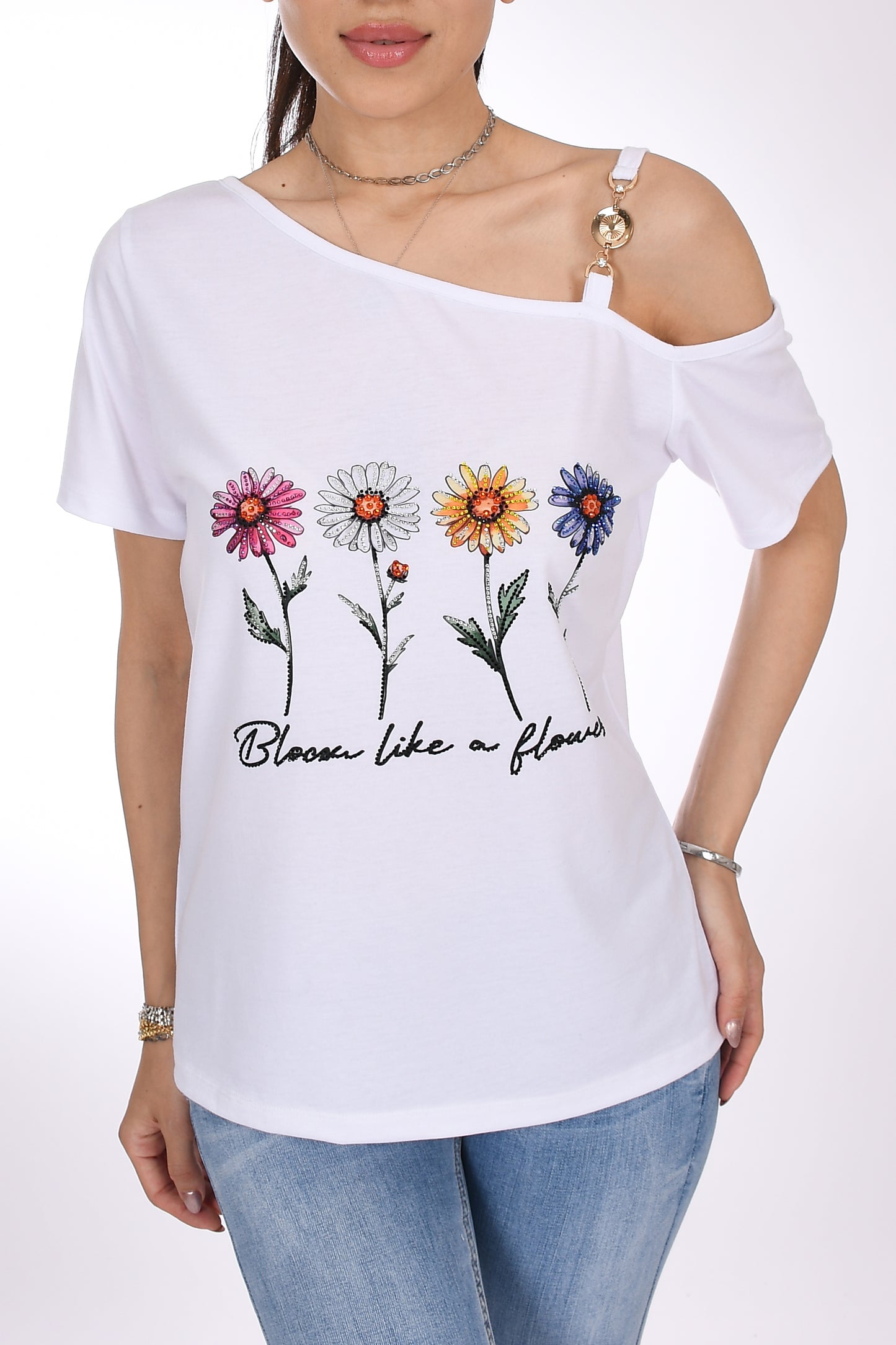 Bloom Like a Flower Baskı ve Taş İşlemeli Beyaz Kadın Tişört - Çiçek Gibi Aç - Pia Velle