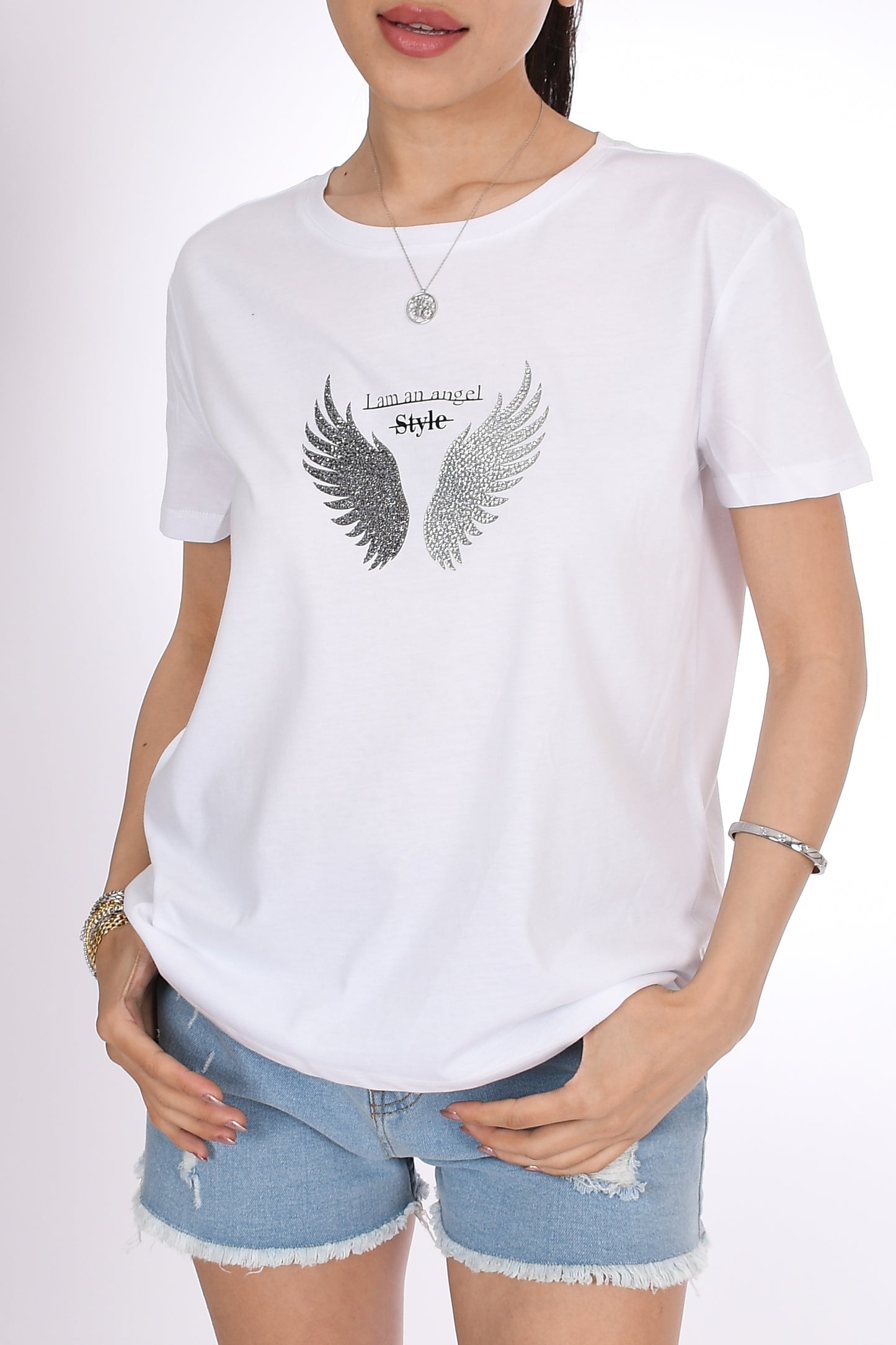 I Am an Angel Style Kanat Desenli Kadın Beyaz Tişört
