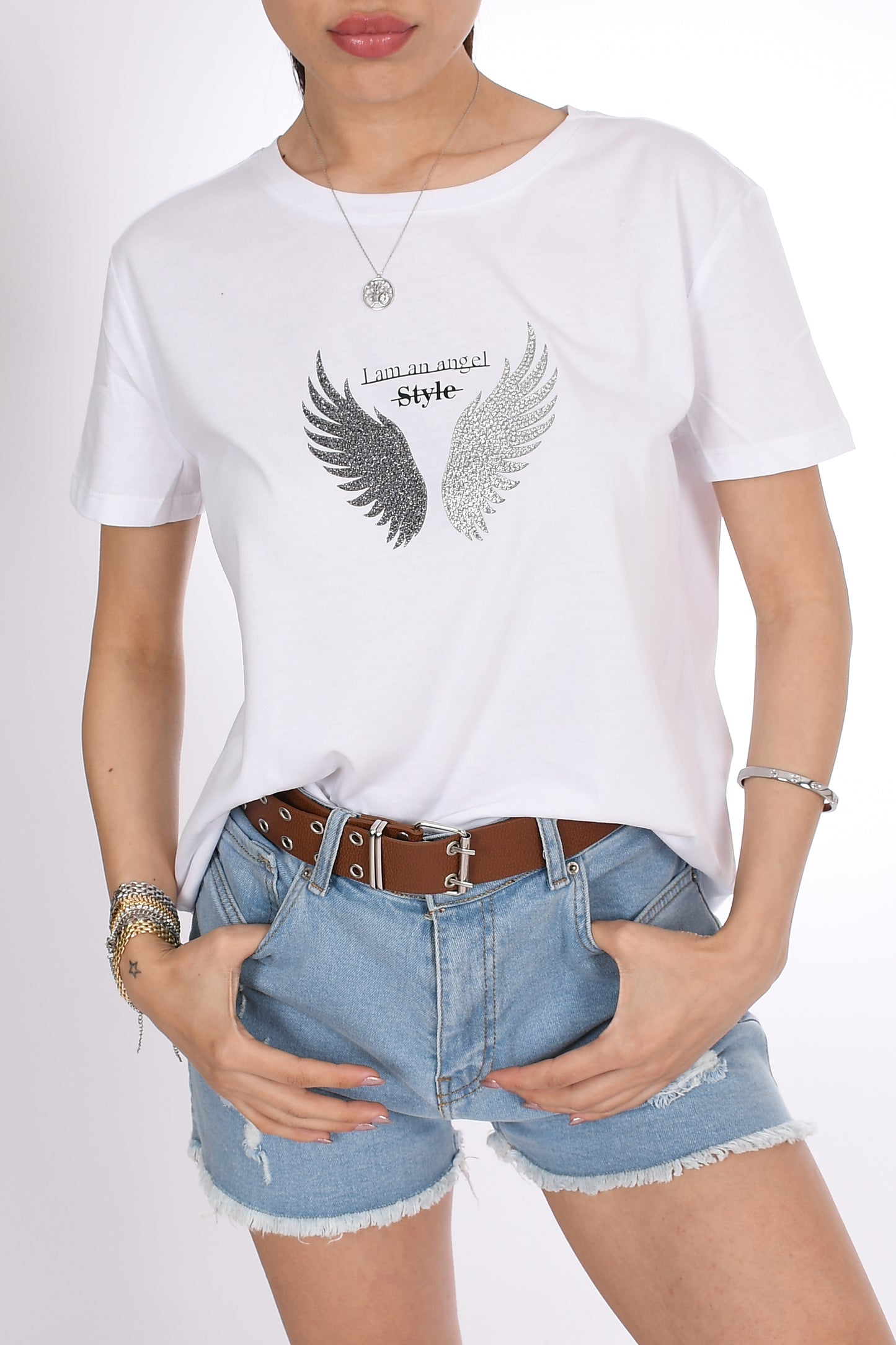 I Am an Angel Style Kanat Desenli Kadın Beyaz Tişört