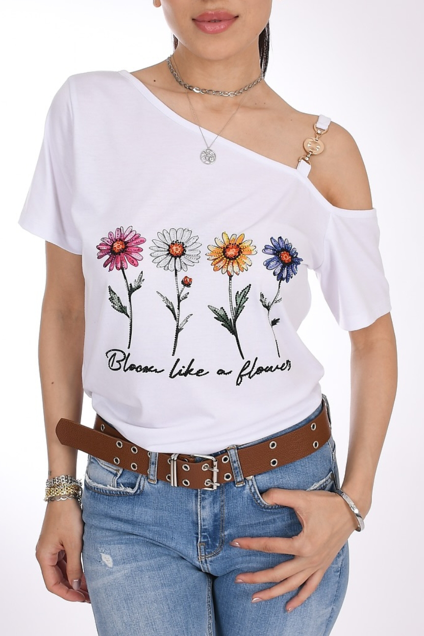 Bloom Like a Flower Baskı ve Taş İşlemeli Beyaz Kadın Tişört - Çiçek Gibi Aç - Pia Velle