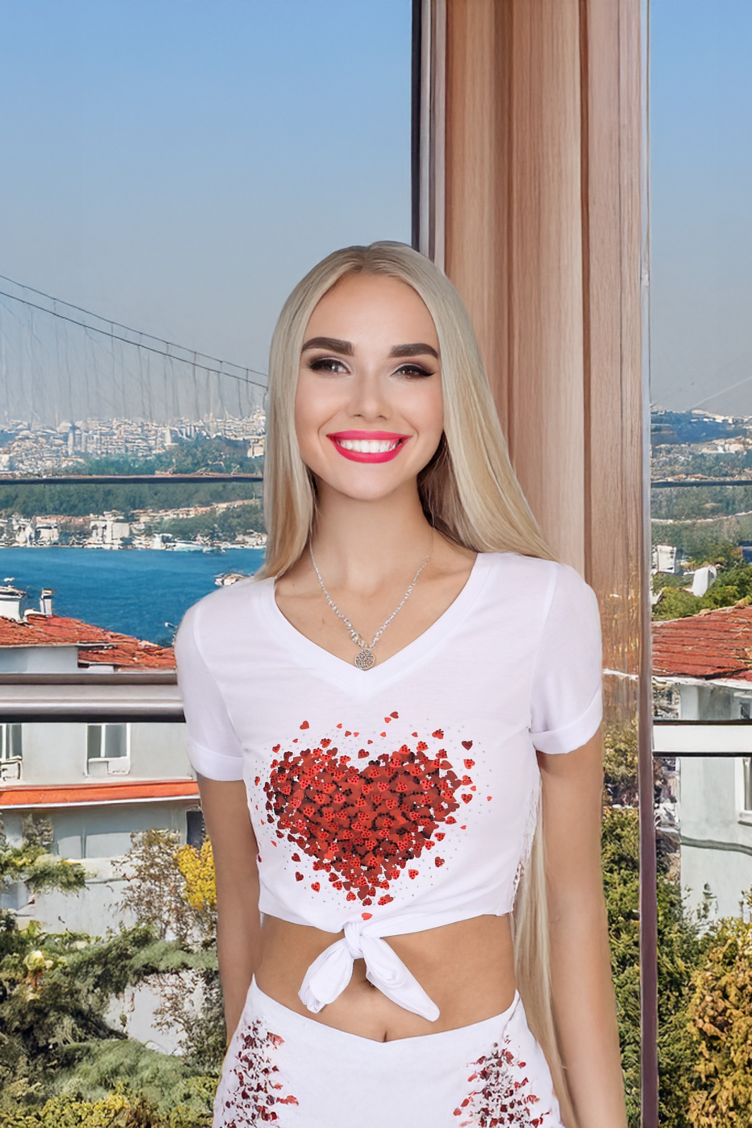 Kırmızı Kalp Desenli Bağlamalı Crop Kadın Tişört – V Yaka