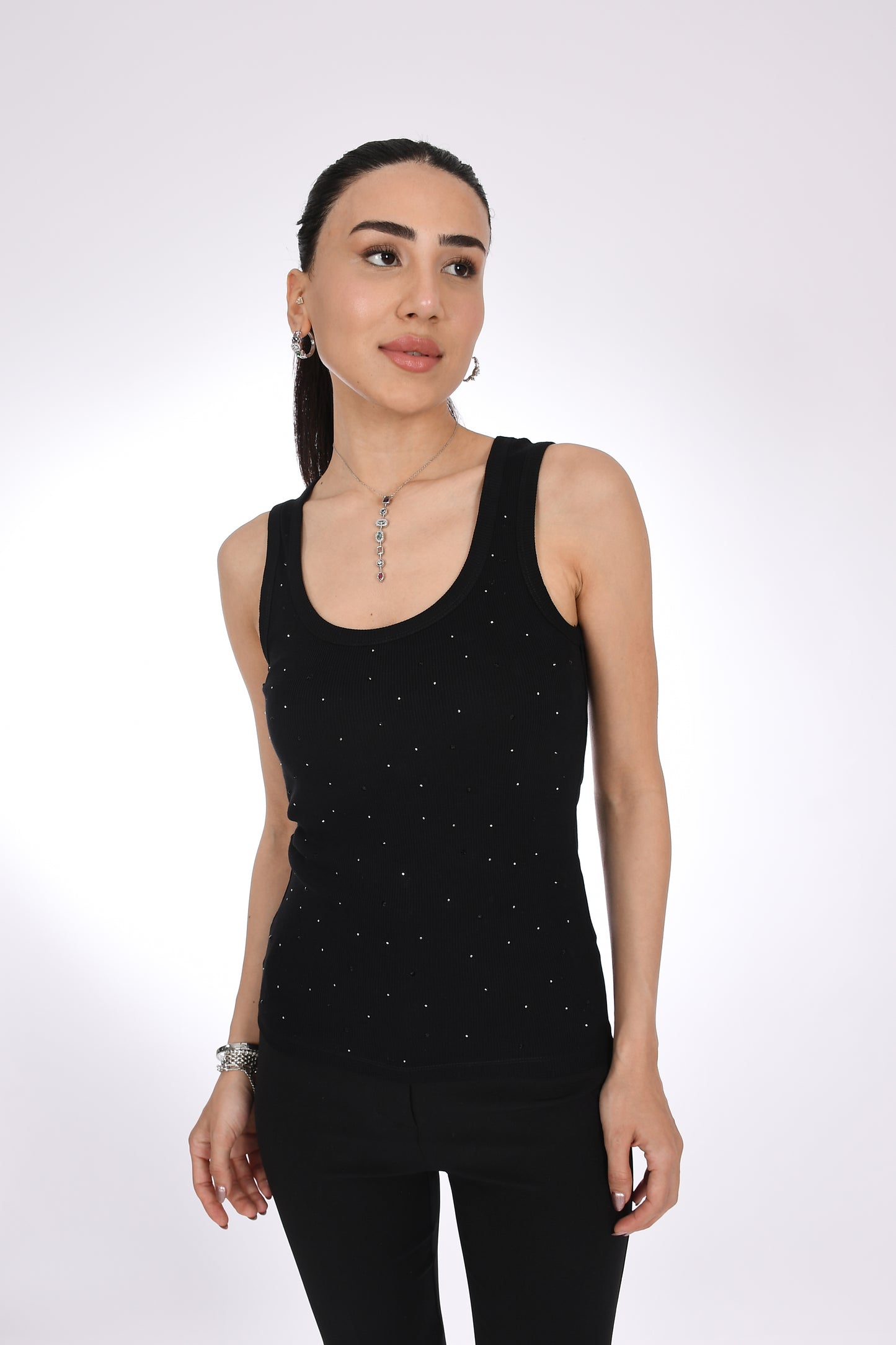 Siyah Taş Baskı Detaylı Ribana Kadın Bluz - Pia Velle - Elegance in Black