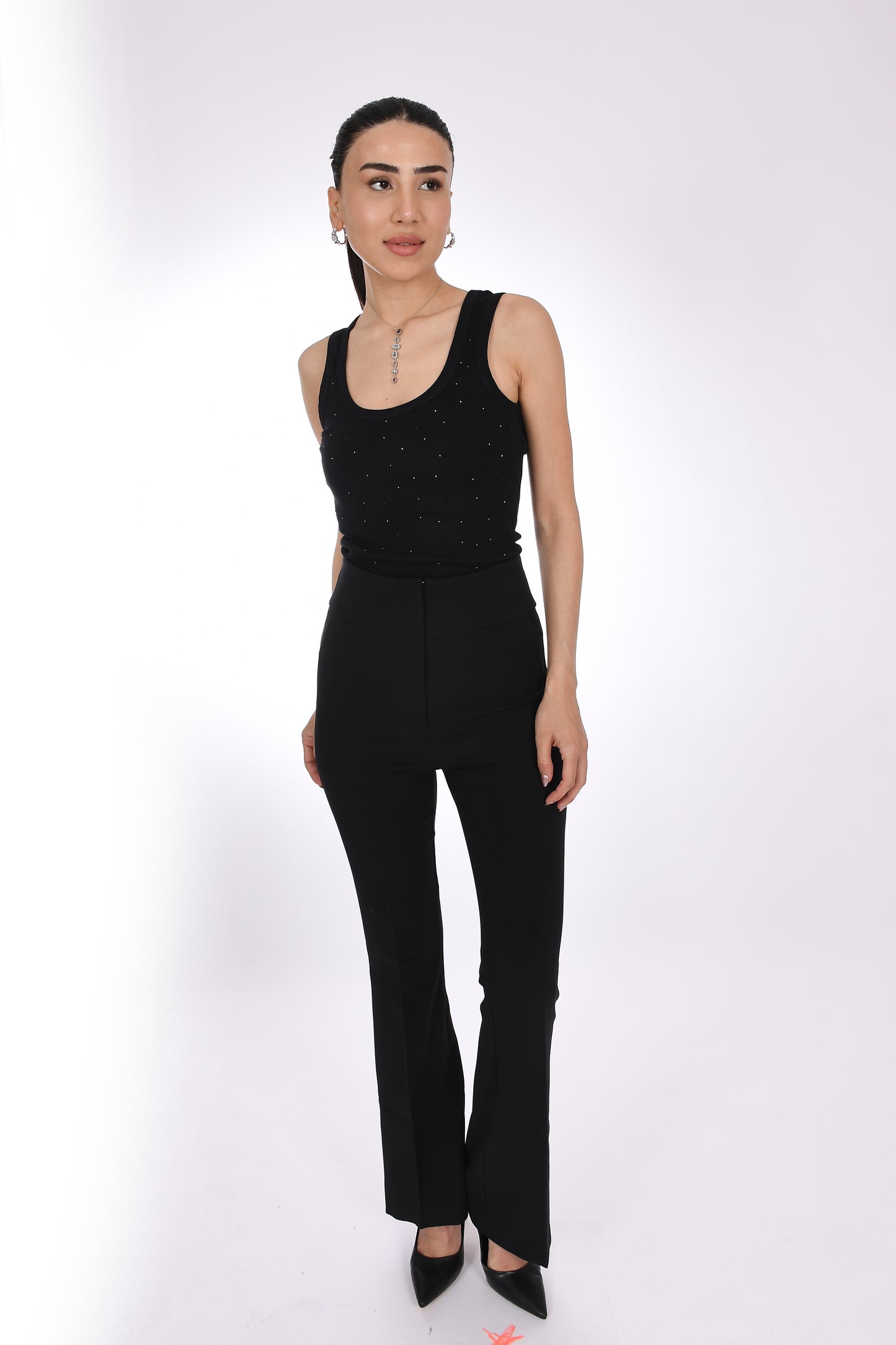 Siyah Taş Baskı Detaylı Ribana Kadın Bluz - Pia Velle - Elegance in Black