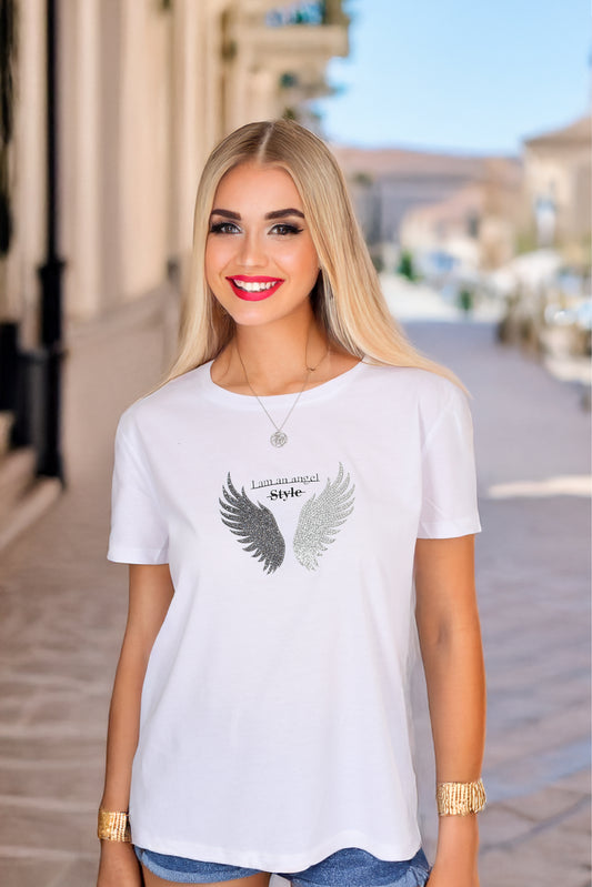 I Am an Angel Style Kanat Desenli Kadın Beyaz Tişört