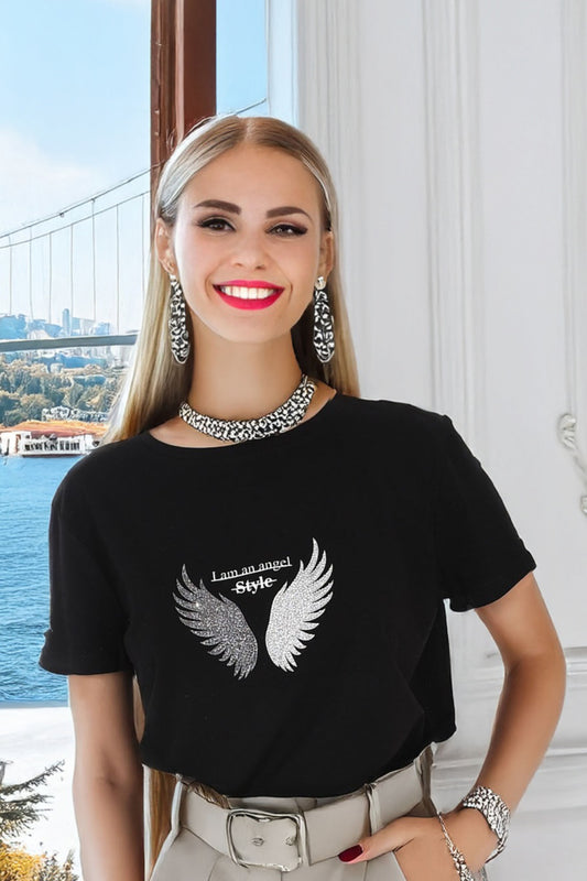 Gümüş Melek Kanat Detaylı Taş İşlemeli Siyah Kadın Tişört - Melek Gibi Şıklık - Pia Velle