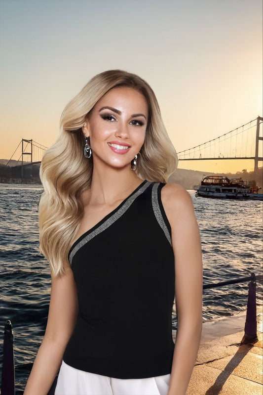 Siyah Tek Omuz Detaylı Taş İşlemeli Kadın Bluz - Pia Velle